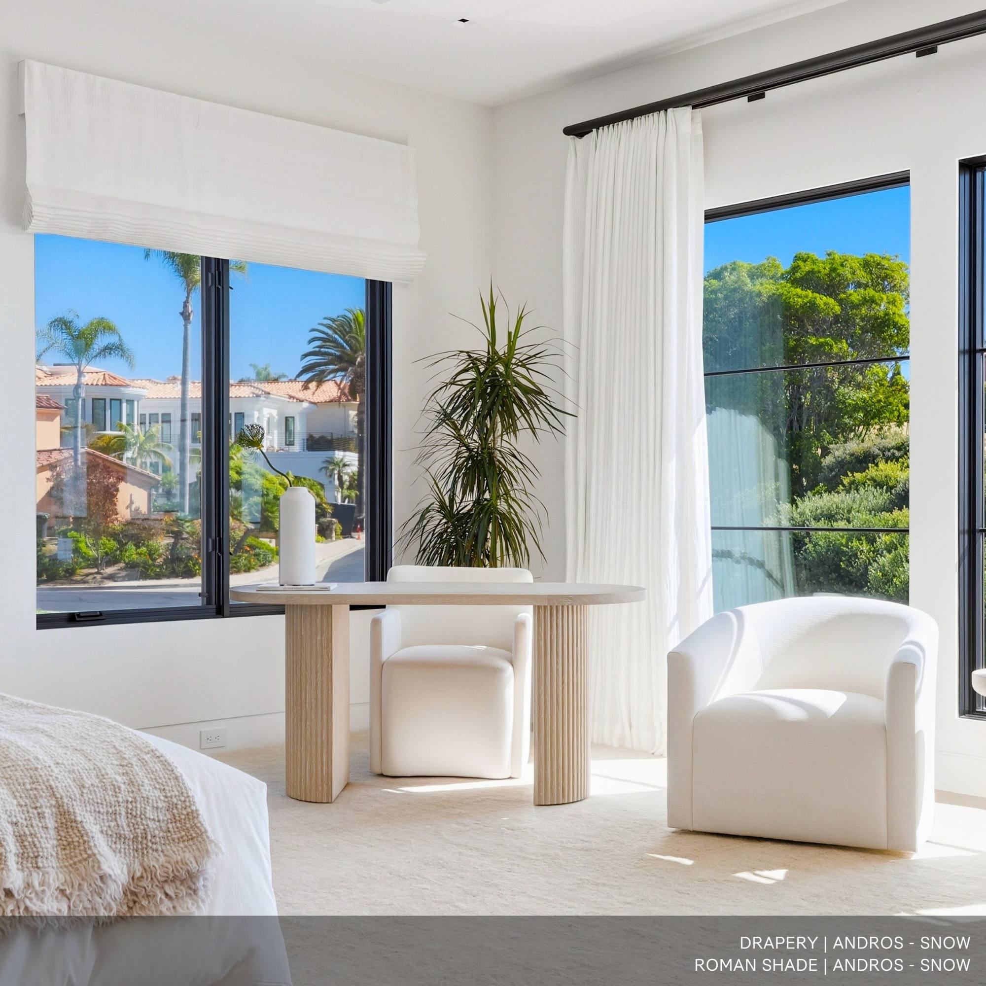 Open Drapery and Roman Shade of White Fabric