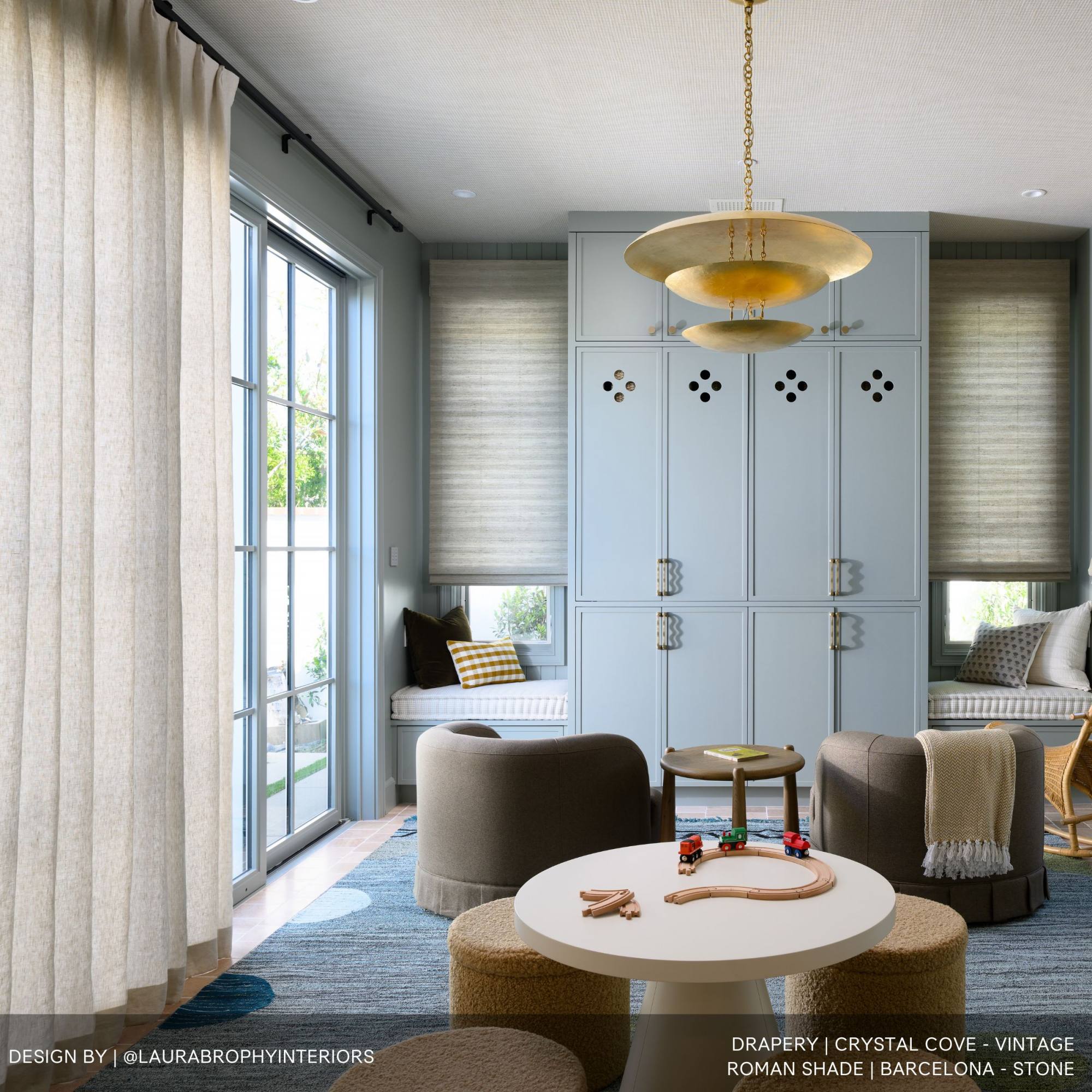 Crystal Cove - Vintage Drapery 
Barcelona - Stone Roman Shade