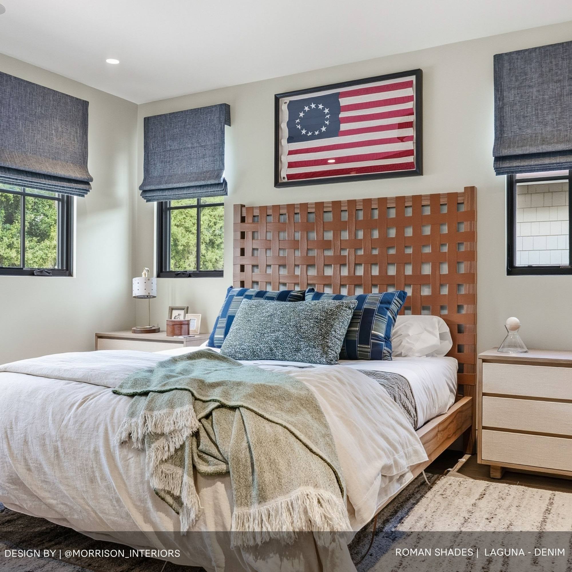 3 Roman Shades of Denim blue fabric