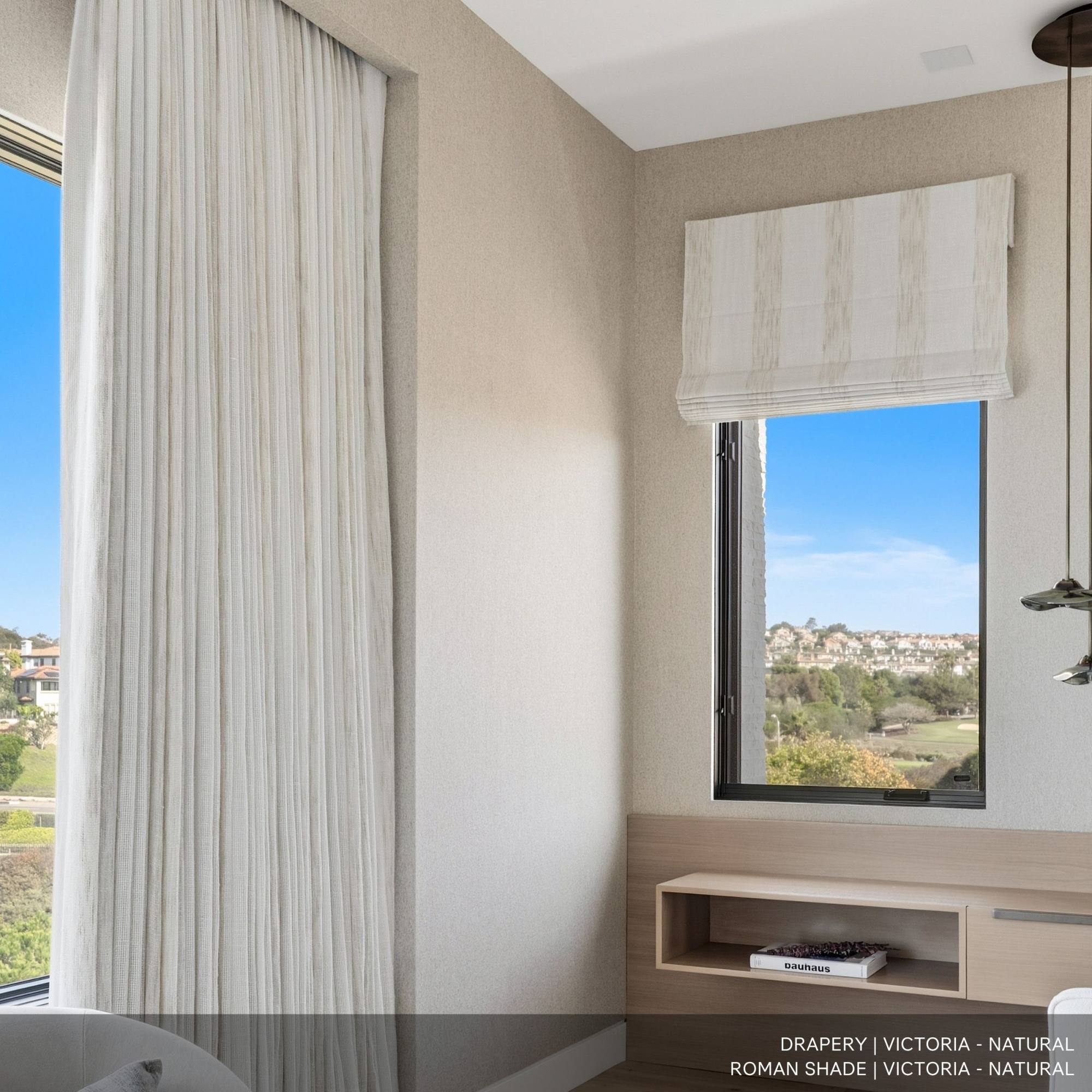 Close View of Drapery and Roman shade with a view of skyline